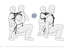 子ども用安全ハーネスに付いている右と左の2つのストラップを、キャリアの肩部分のフックに取り付け、「フットバー」にお子さまの足を乗せます。